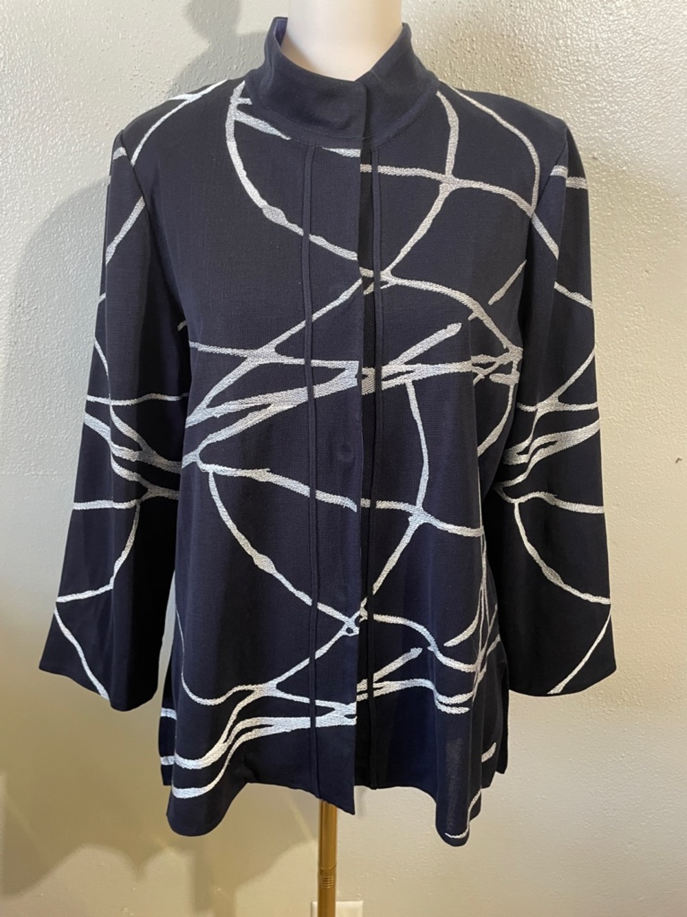 Knit Jacket Blazer Navy White Abstract Button Artsy Stretch Top Travel Ming Wang